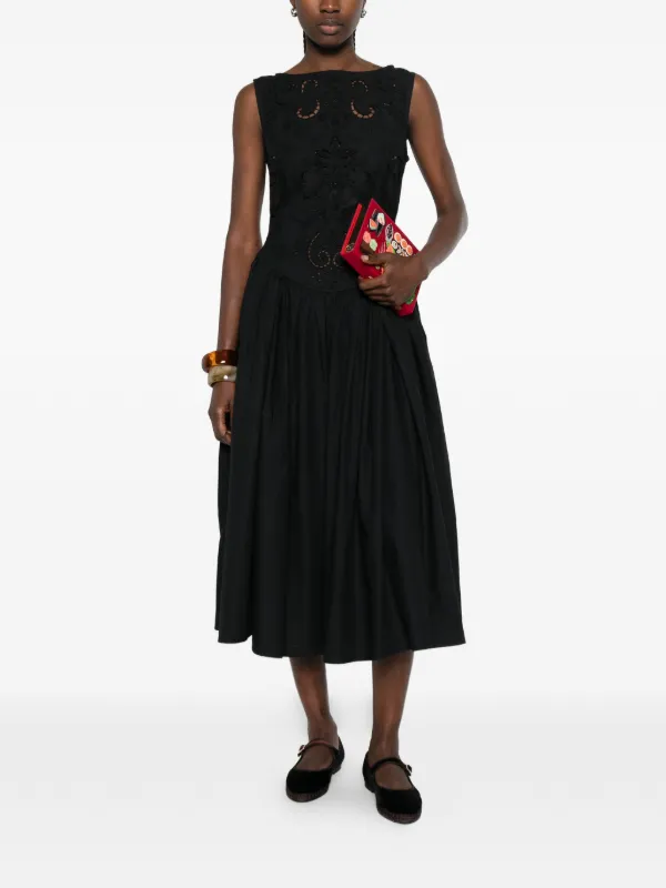 black embroidered stones pleated midi dress Women's Stretch Twill Pleated Midi Shirt Dress in True Black