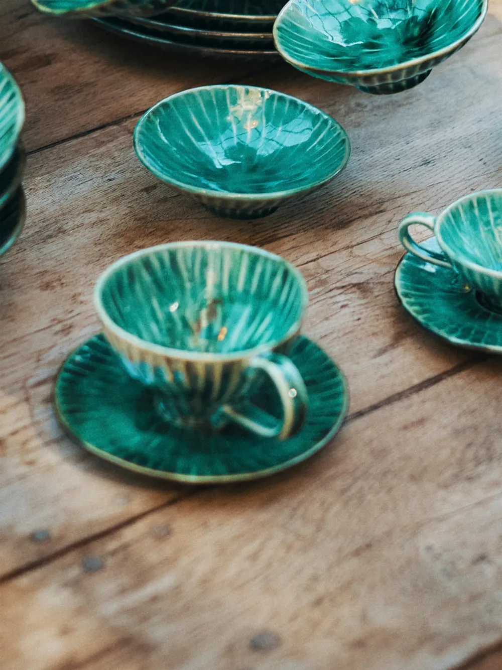 Verde Lanza Ribbed Espresso Cup & Saucer (Two-Person Setting)