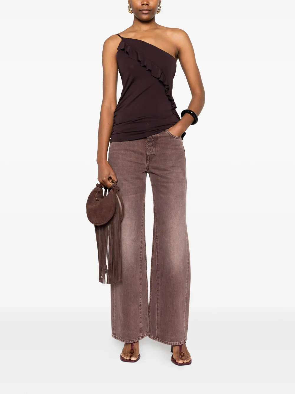  Pinko Ruffled One-shoulder Top - Brown 