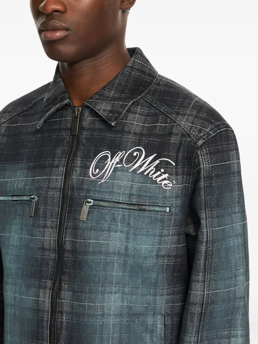Off-White Geruite denim jack met jacquard Zwart
