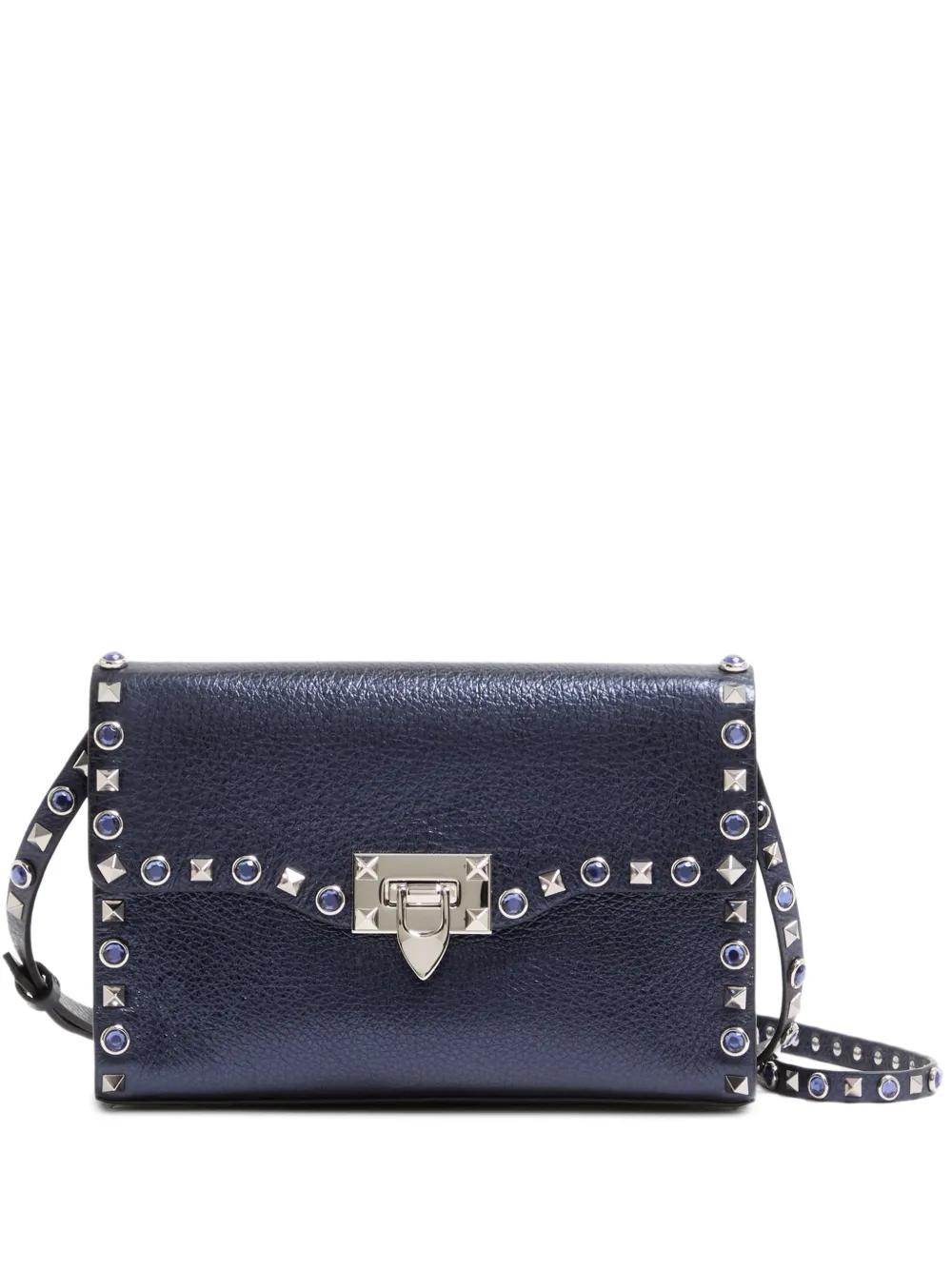 Valentino Garavani Rockstud Small Shoulder Bag In Laminated Calfskin With Cabochon Stones In Blue