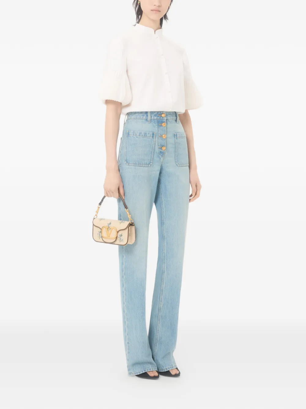 Valentino Garavani Locò kleine schoudertas met geborduurde bloemen Beige