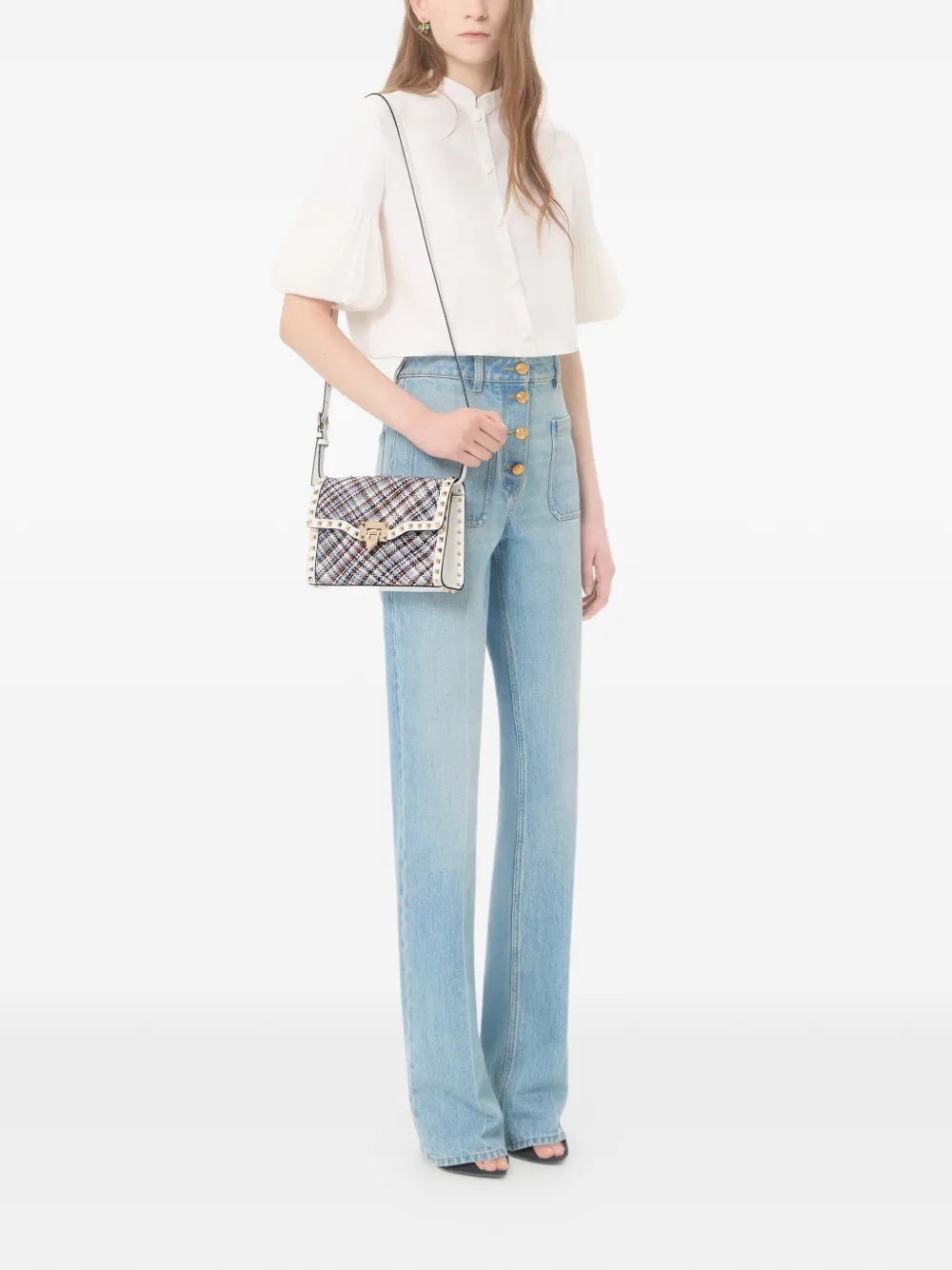 Valentino Garavani Kleine Rockstud schoudertas van geweven stof Blauw