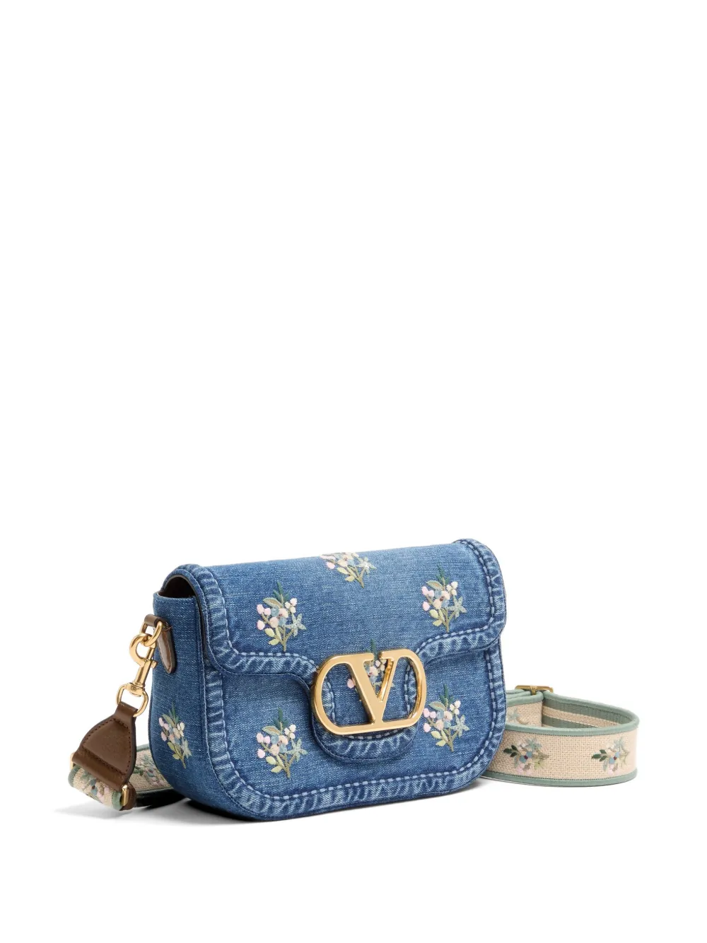 Valentino Garavani Alltime medium denim schoudertas met geborduurde band Blauw