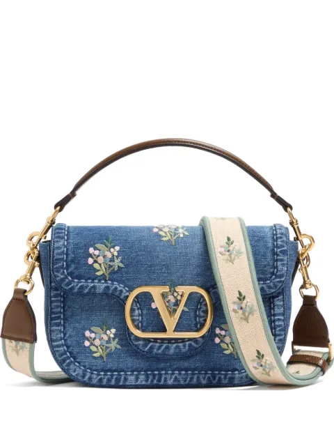 Valentino Garavani Alltime medium embroidered denim shoulder bag with embroidered ribbon strap