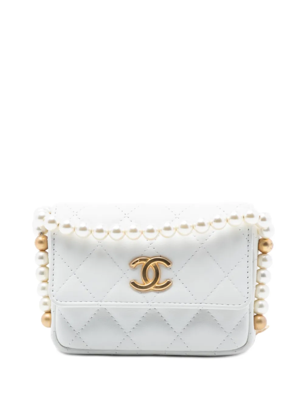 CHANEL Pre-Owned 2021 Quilted Lambskin About Pearls Card Holder On Chain crossbody bag - Bianco