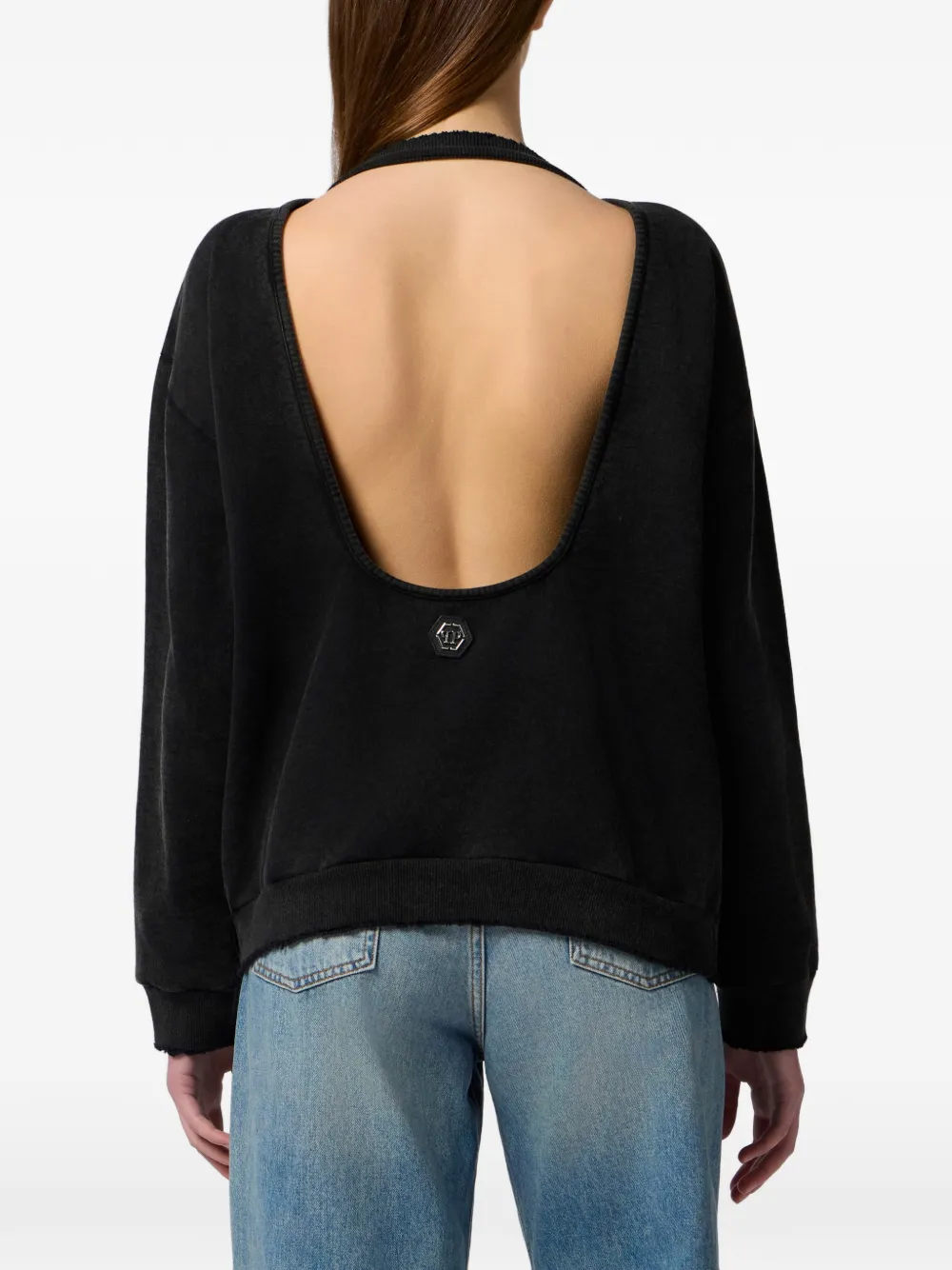 Philipp Plein Sweater met open rug Zwart