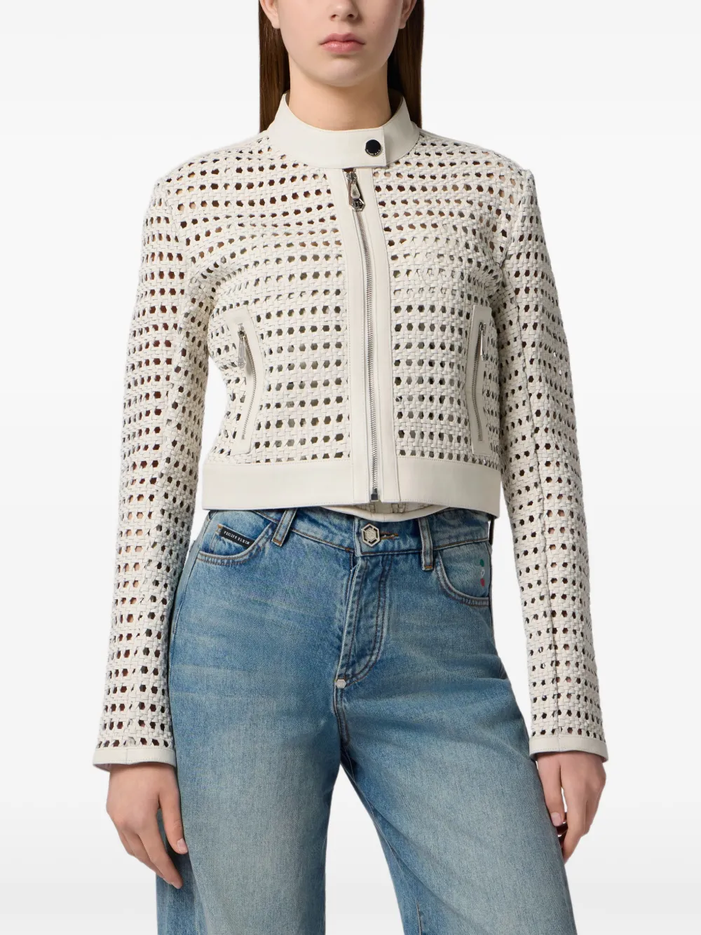 Philipp Plein Geweven leren jack Wit