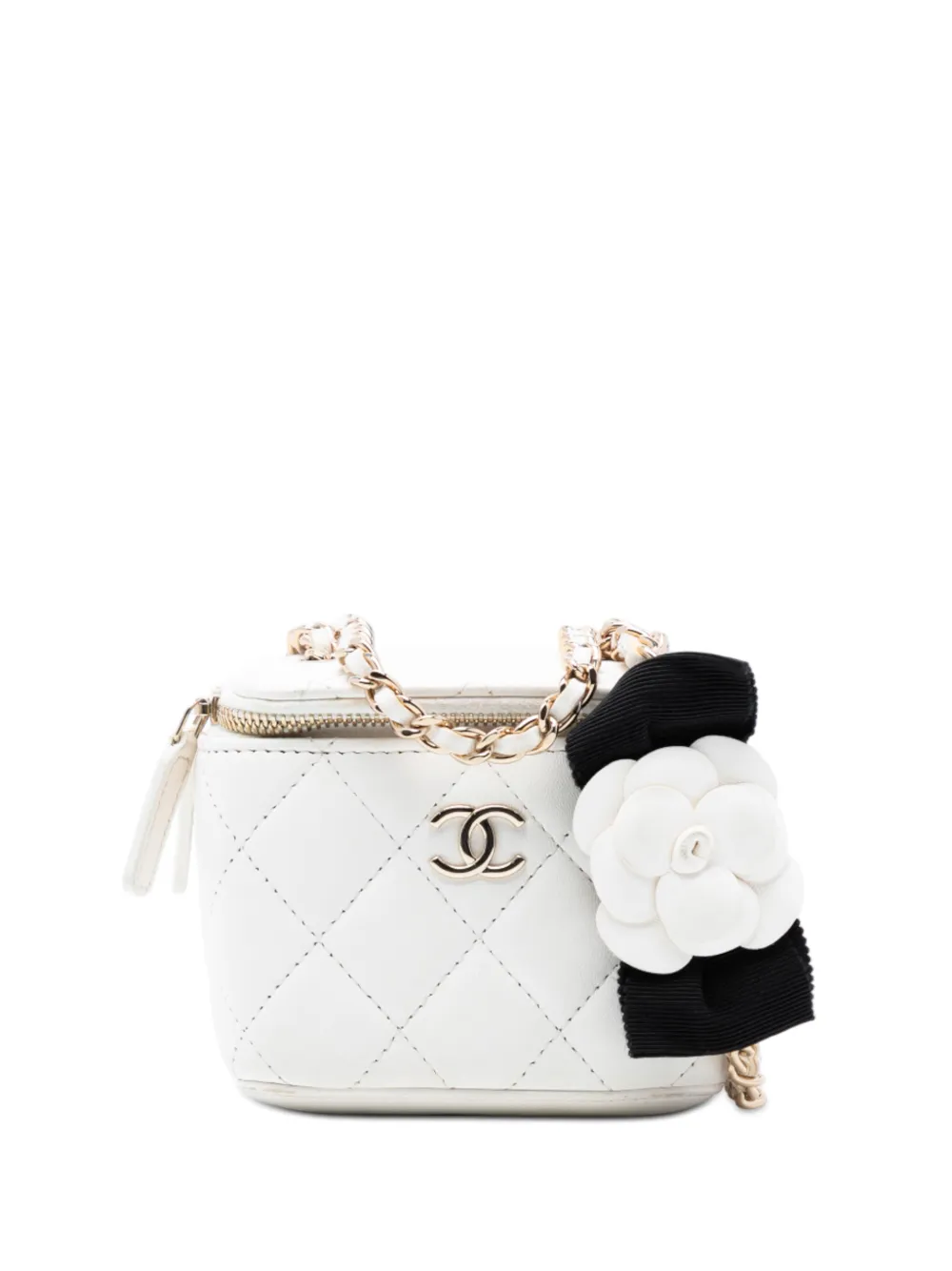 CHANEL Pre-Owned 2021 Mini Quilted Lambskin Camellia Bow Vanity Case with Chain crossbody bag - Bianco