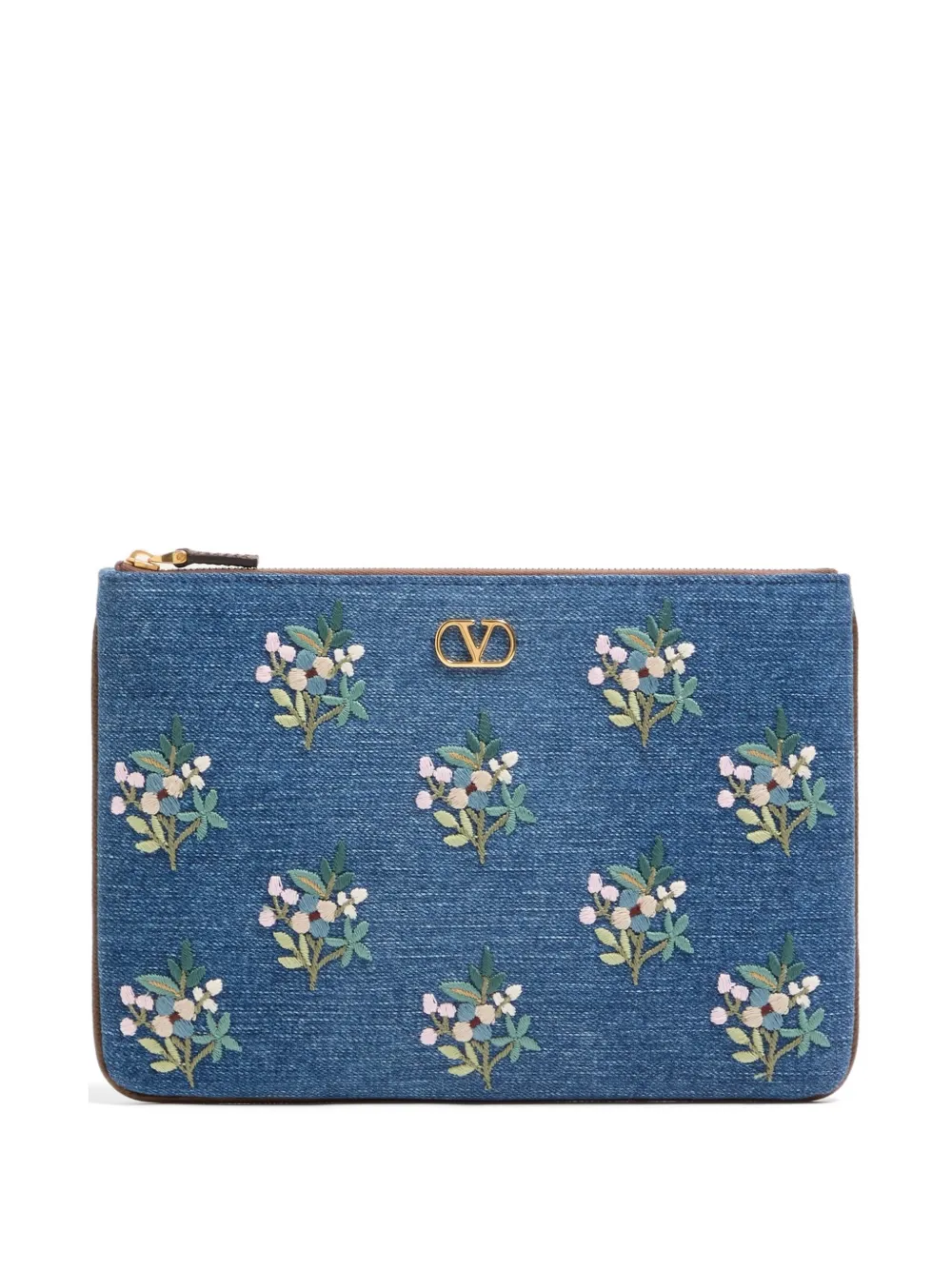 Valentino Garavani Vlogo Signature clutch bag in denim with floral embroidery - Blu