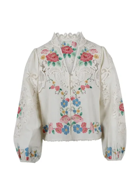 Sea floral-embroidered lace-insert blouse