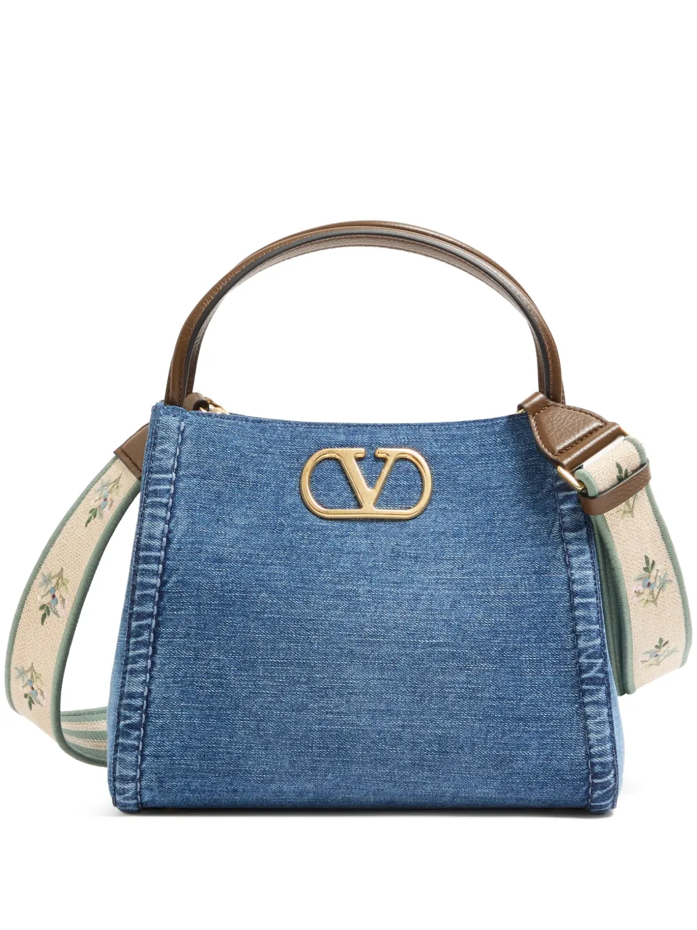 Valentino Garavani Alltime medium handbag in denim with embroidered strap - Blue