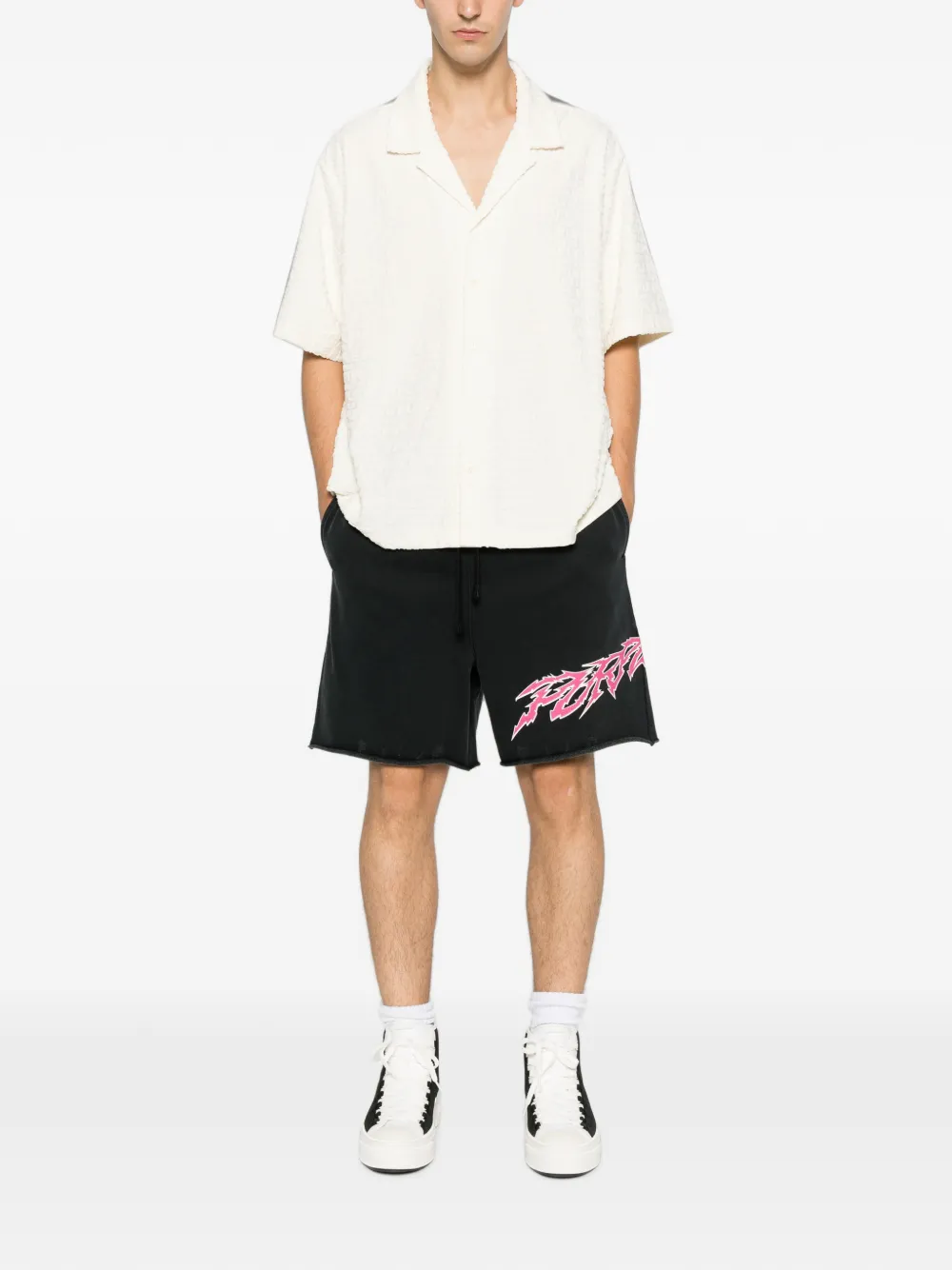 Purple Brand Gerafelde shorts met print Zwart
