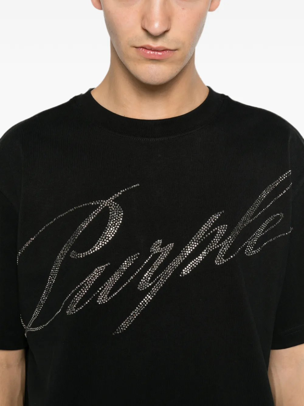 Purple Brand T-shirt met schuine afwerking en kristallen Zwart