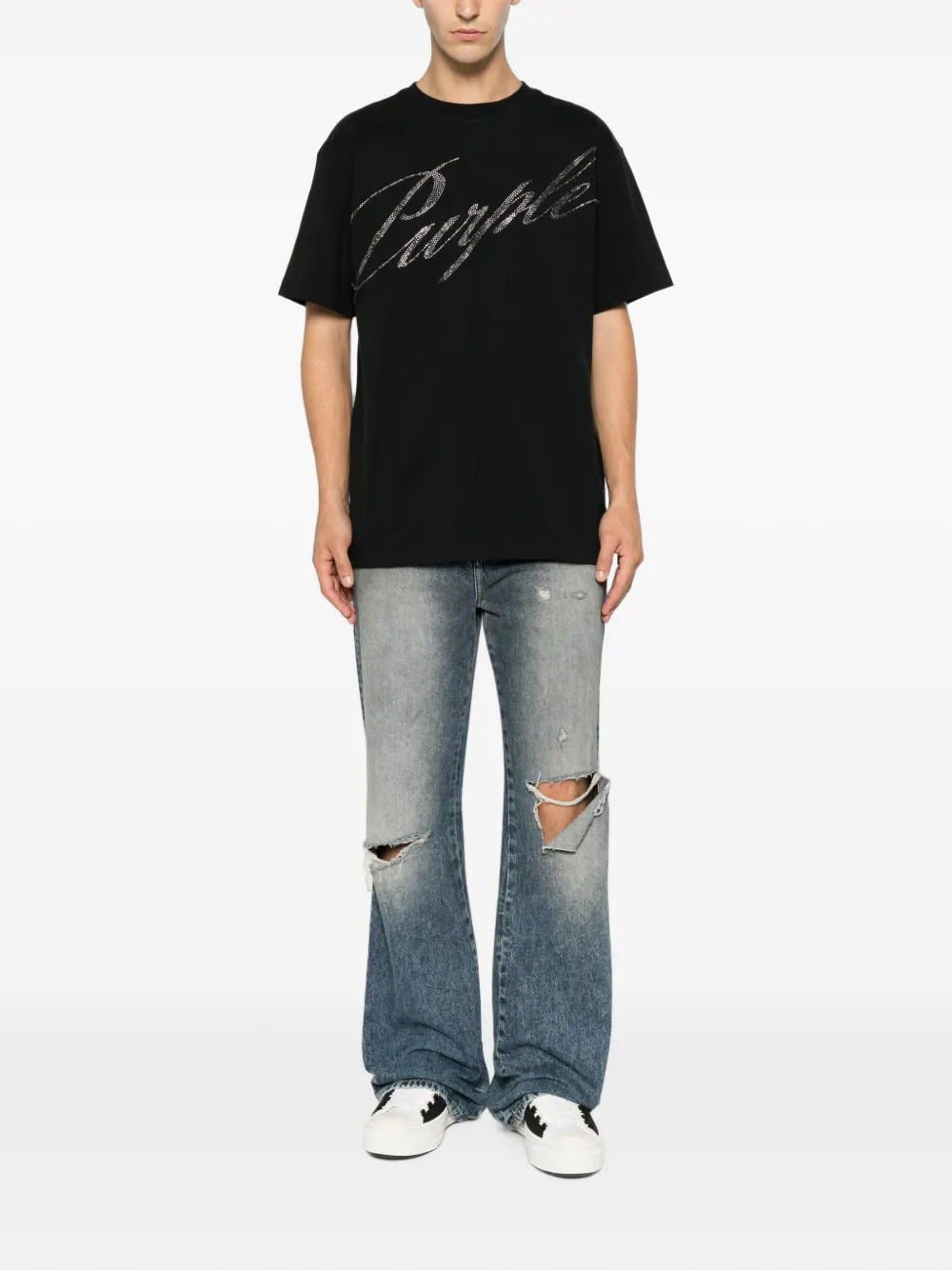 Purple Brand T-shirt met schuine afwerking en kristallen Zwart