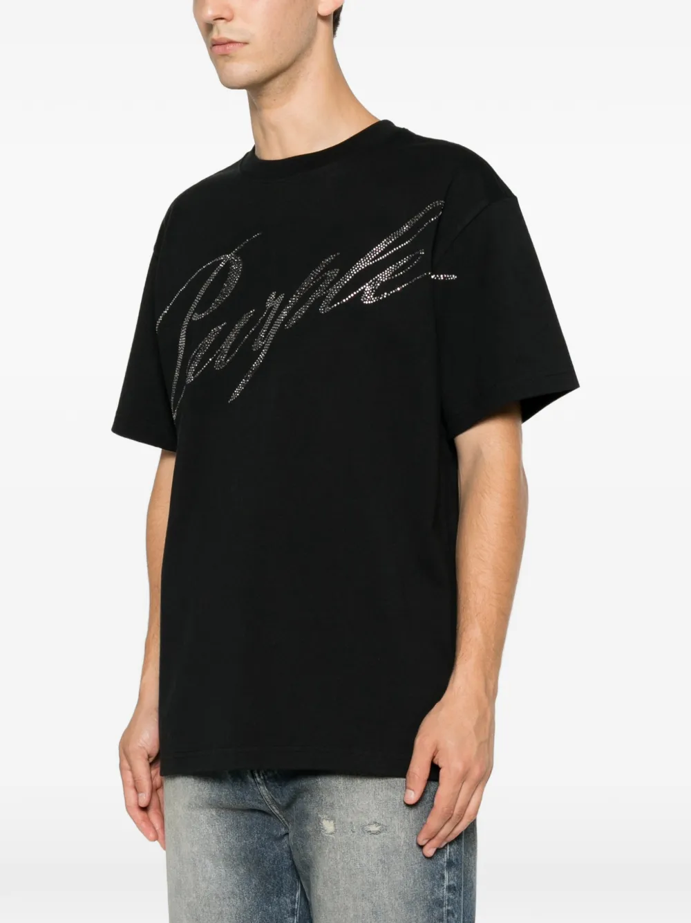 Purple Brand T-shirt met schuine afwerking en kristallen Zwart