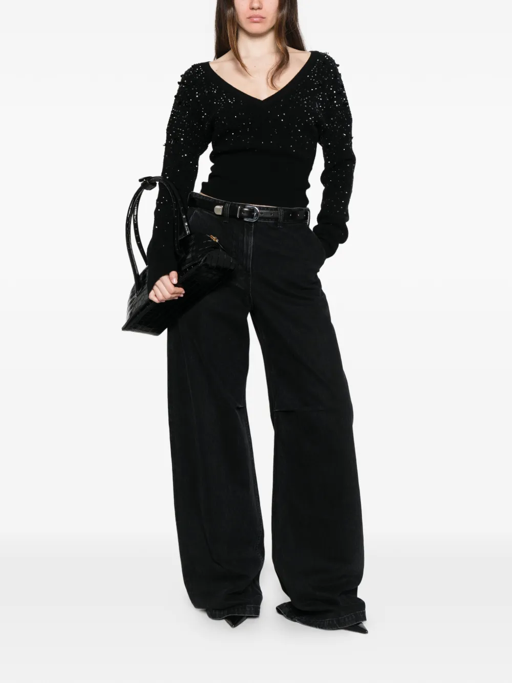  Max Mara Gang Beaded V-neck Sweater - Black 