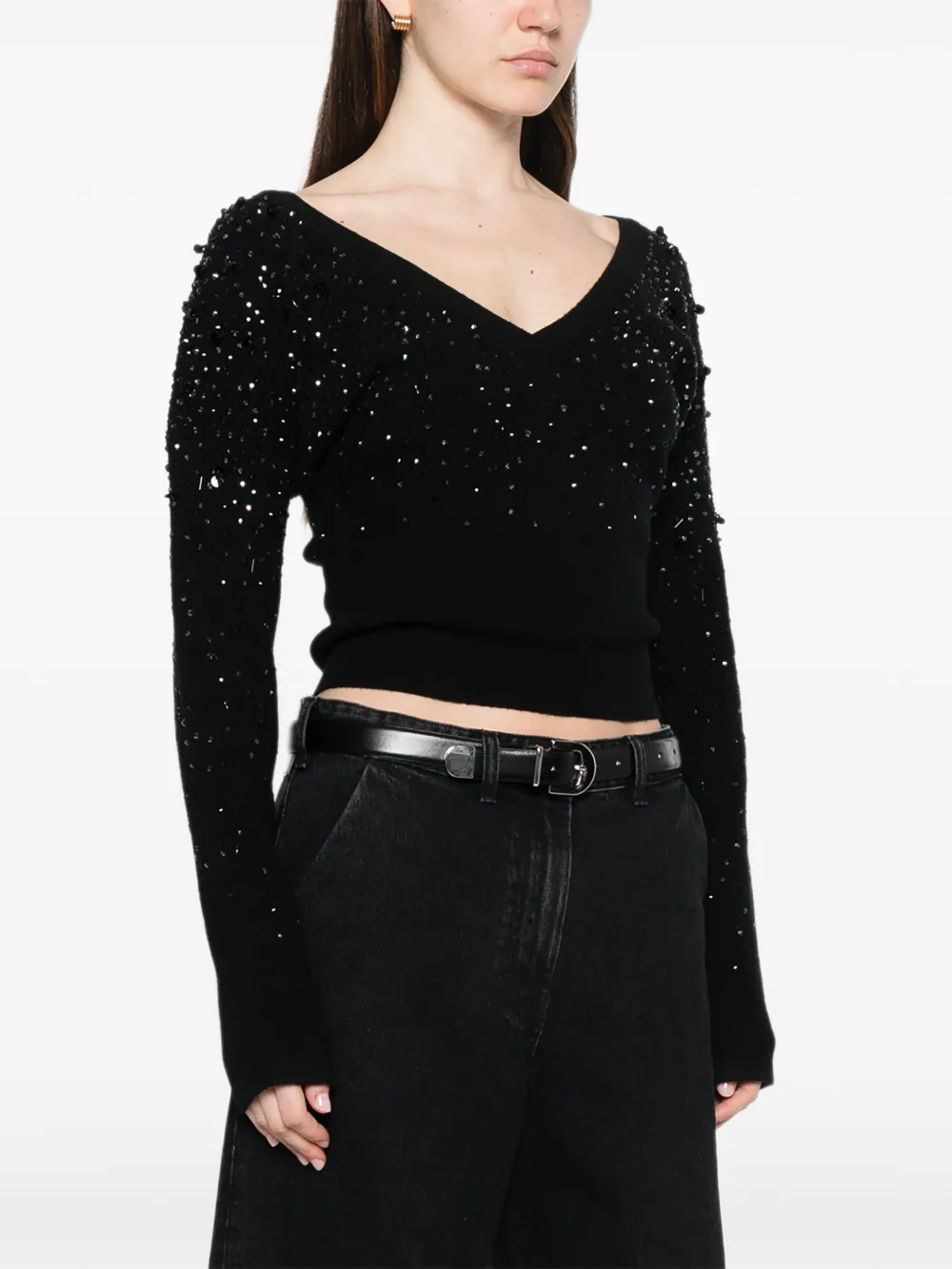  Max Mara Gang Beaded V-neck Sweater - Black 