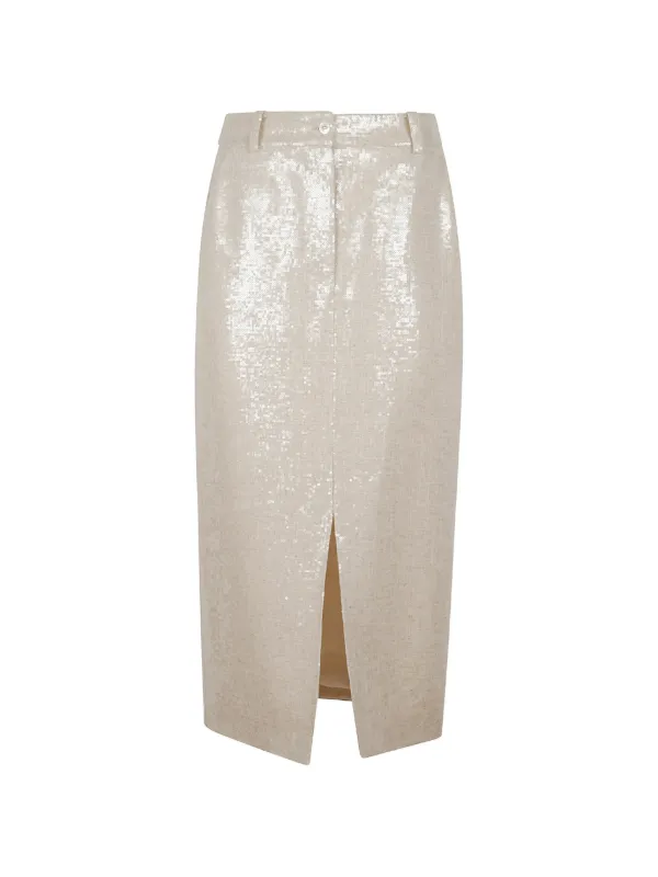 Kiton Sequin-embellished Slit Midi Skirt in Neutrals