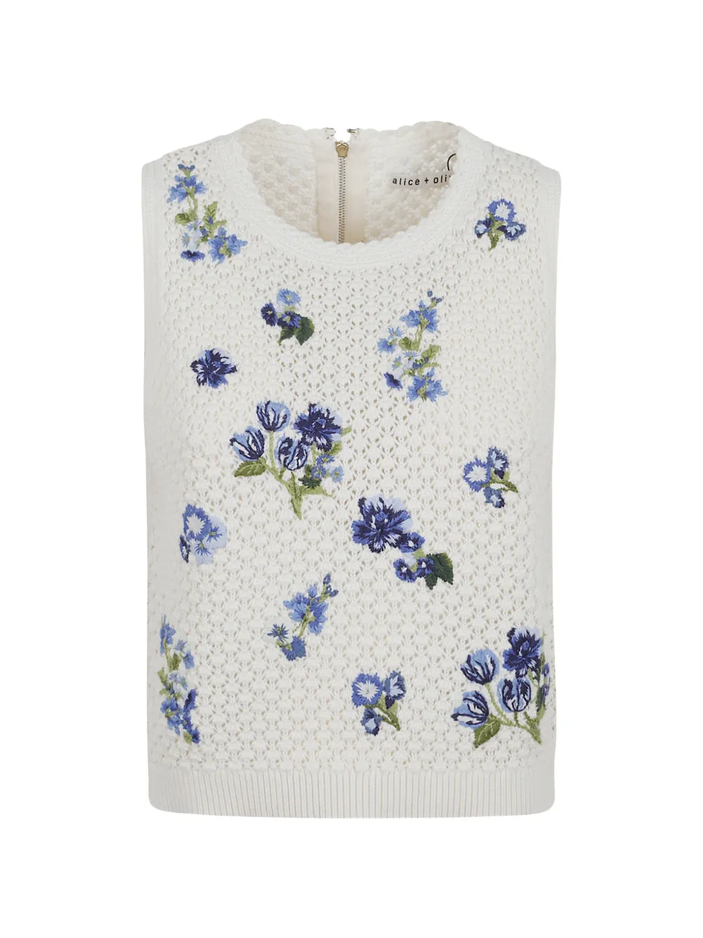 alice + olivia floral-embroidered open-knit top - Bianco