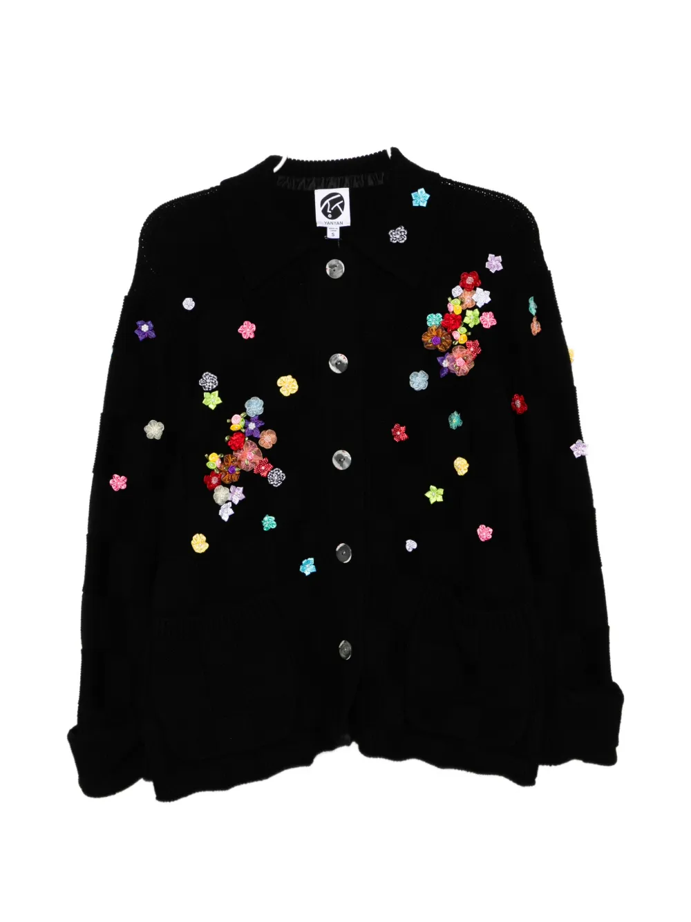 Yanyan Knits Floral-embellished Check Cardigan In Black
