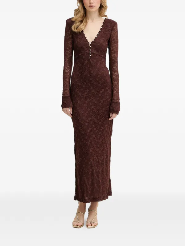 Bardot Lace V-neck Dress | Brown | FARFETCH AE