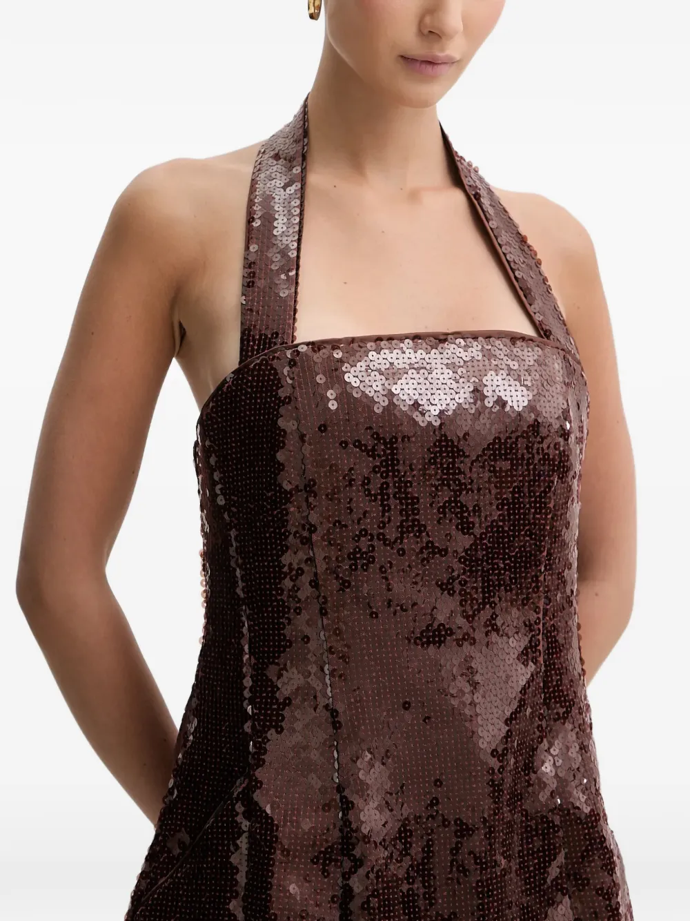 Bardot Halter halterjurk met pailletten Bruin