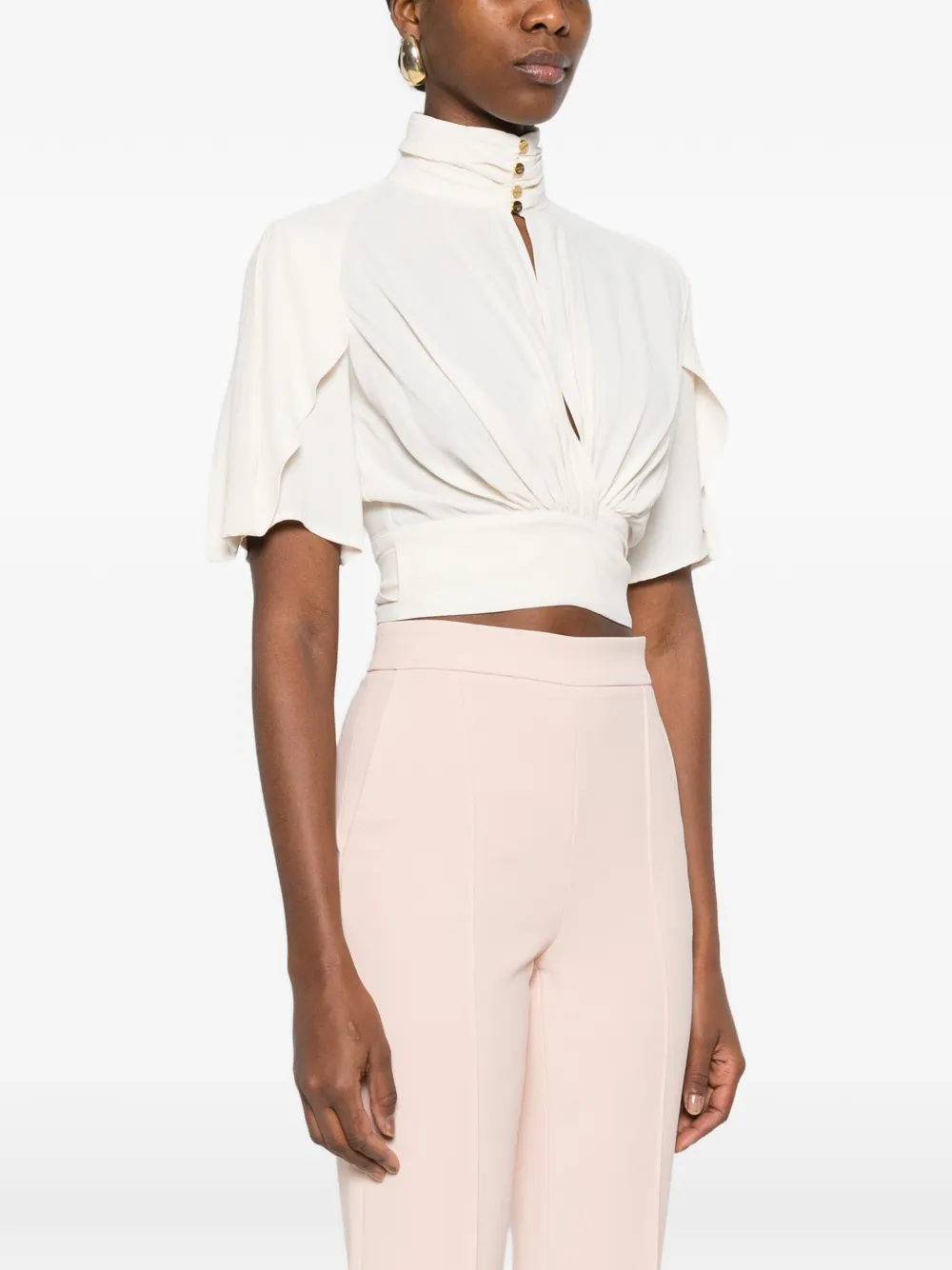 Elisabetta Franchi Blouse met gestrikte taille en korte mouwen Beige