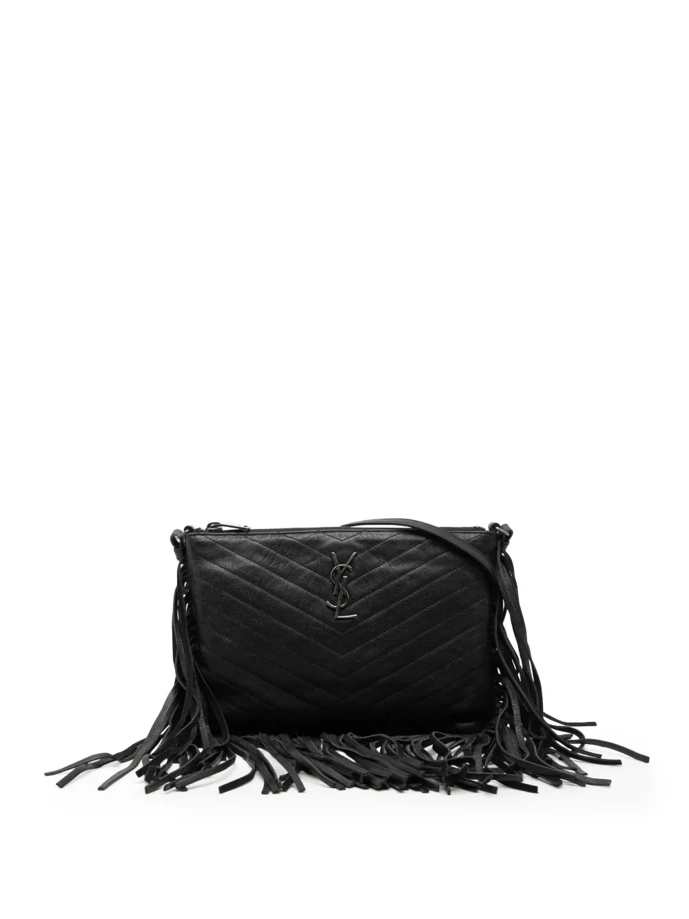 Saint Laurent Pre-Owned 2015 Chevron Sheepskin Monogram Fringe crossbody bag - Nero