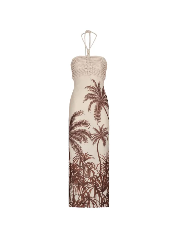 Andres Otalora Ruched Print Midi Dress in Neutrals