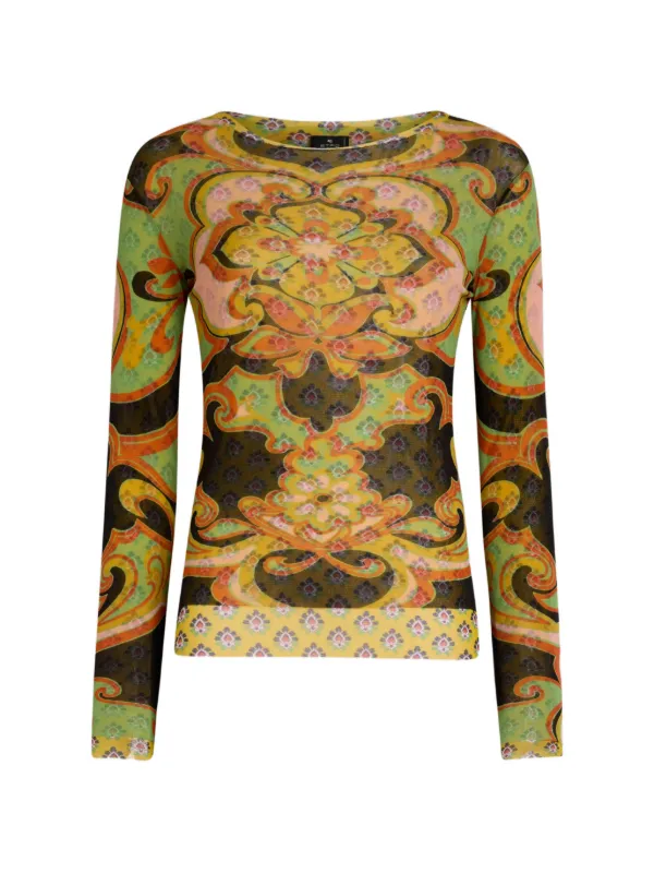 Etro Stretch Tulle Top with Placed Floral Print in Green