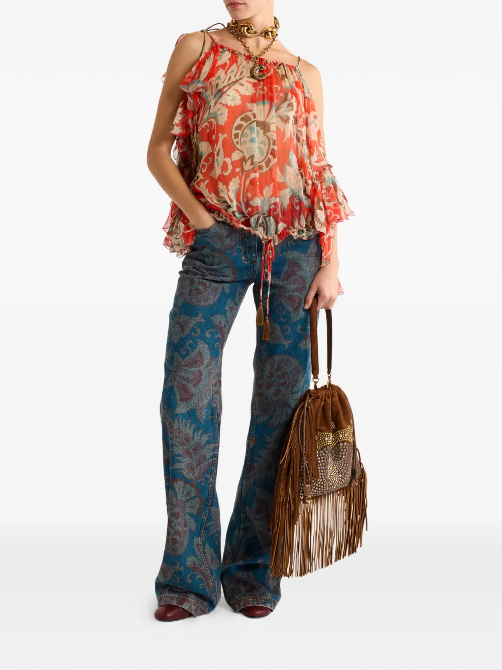  Etro One-sleeved Floral-detail Top - Red 