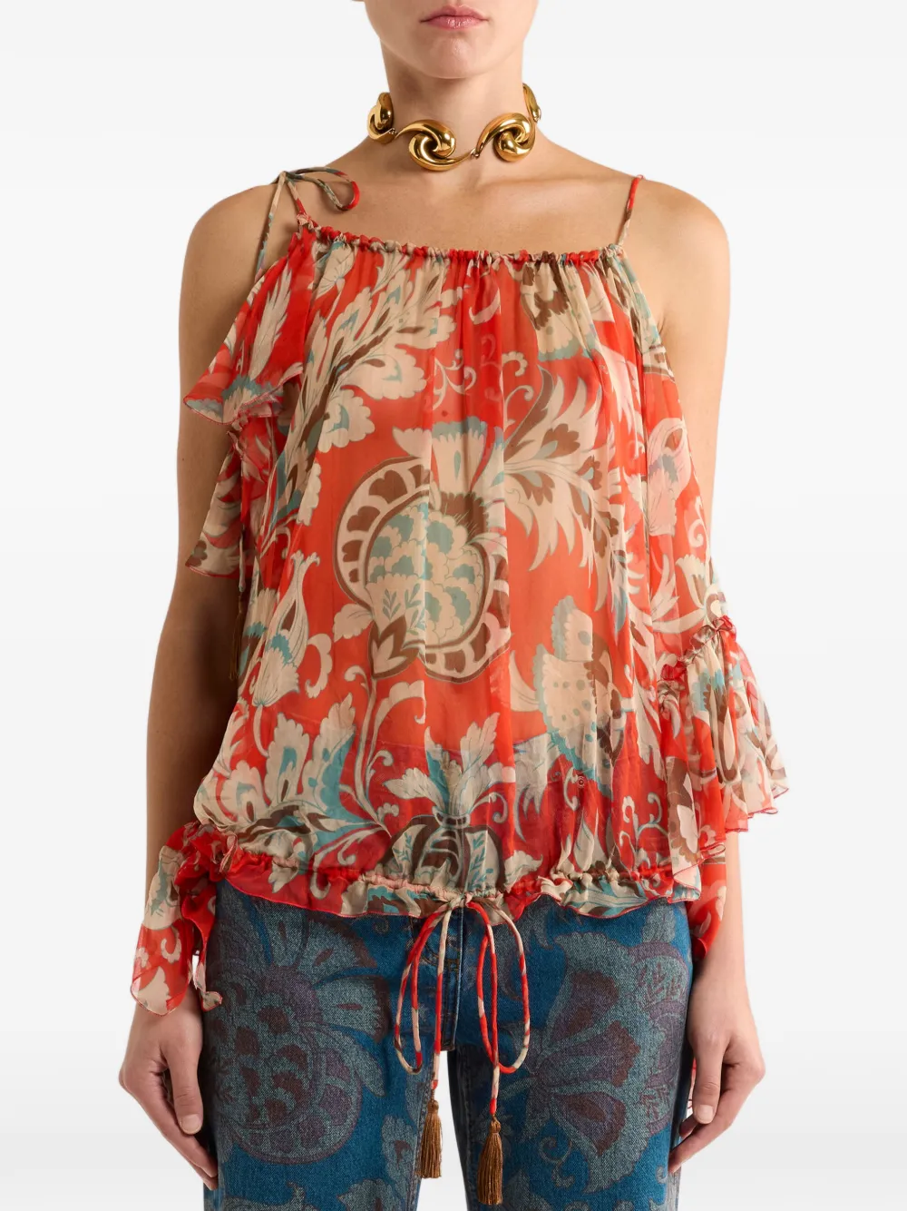  Etro One-sleeved Floral-detail Top - Red 