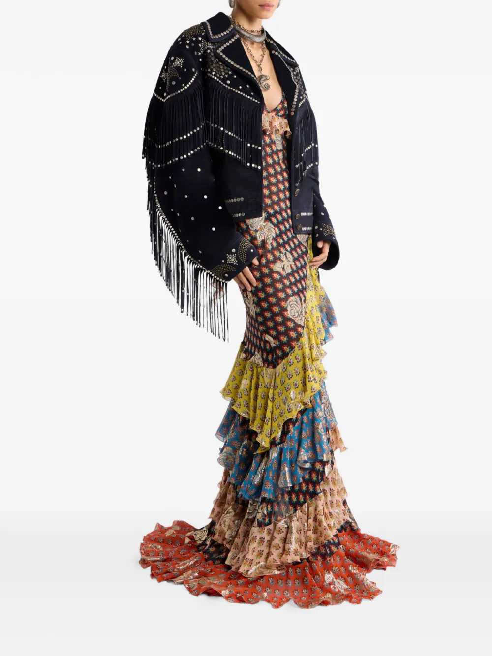  Etro Studs Fringed Leather Jacket - Blue 
