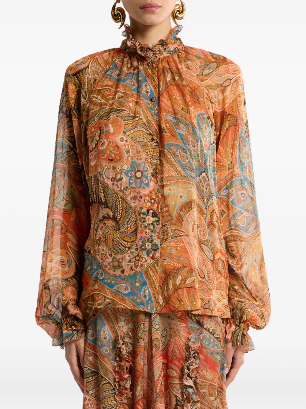 ETRO Zijden blouse met ruches en paisley-patroon Oranje