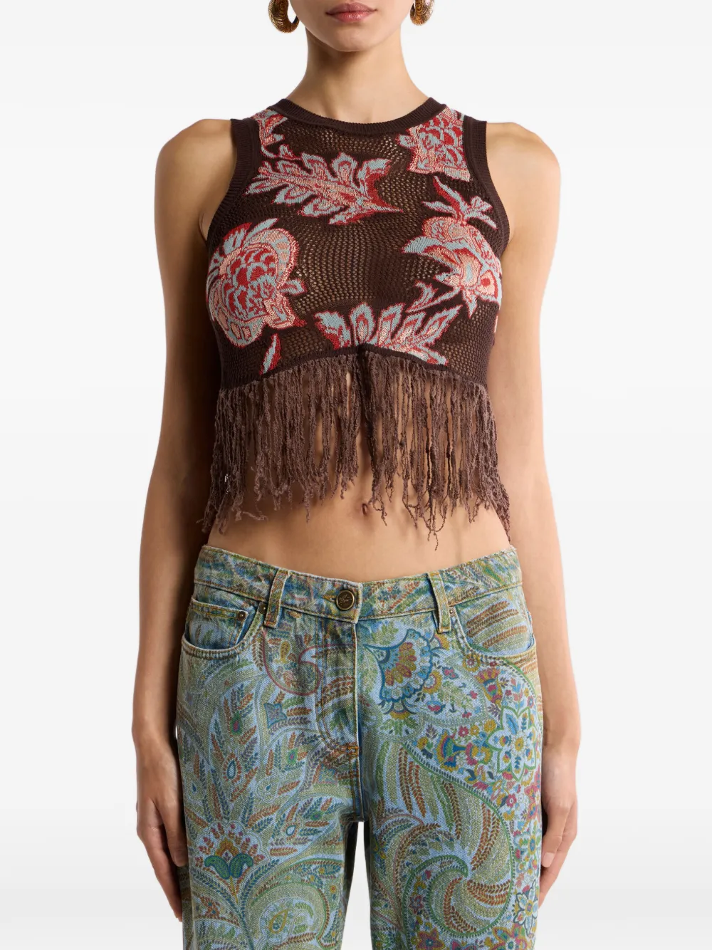  Etro Fringed Floral-detail Top - Brown 