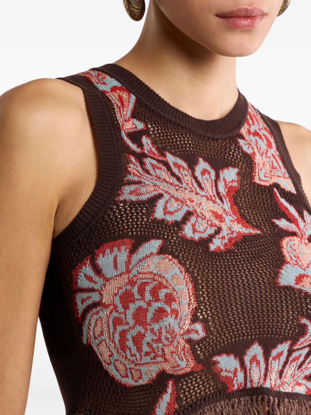 ETRO Top met bloemendetail en franje Bruin