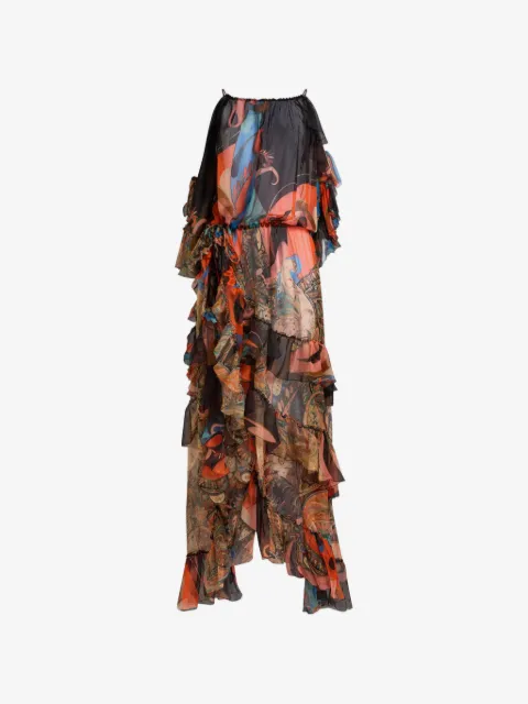 ETRO long silk dress with ruffles and two motifs
