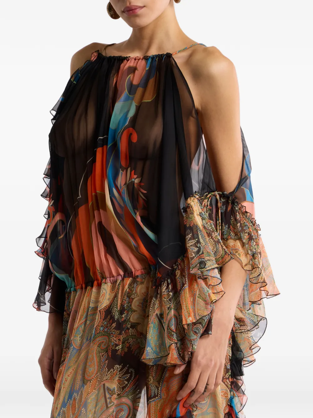 ETRO Zijden maxi-jurk met ruches en patroon Zwart