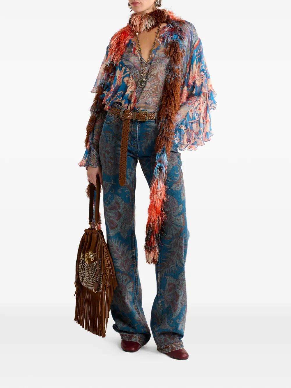 ETRO Zijden blouse met bloemen-print en ruches Blauw