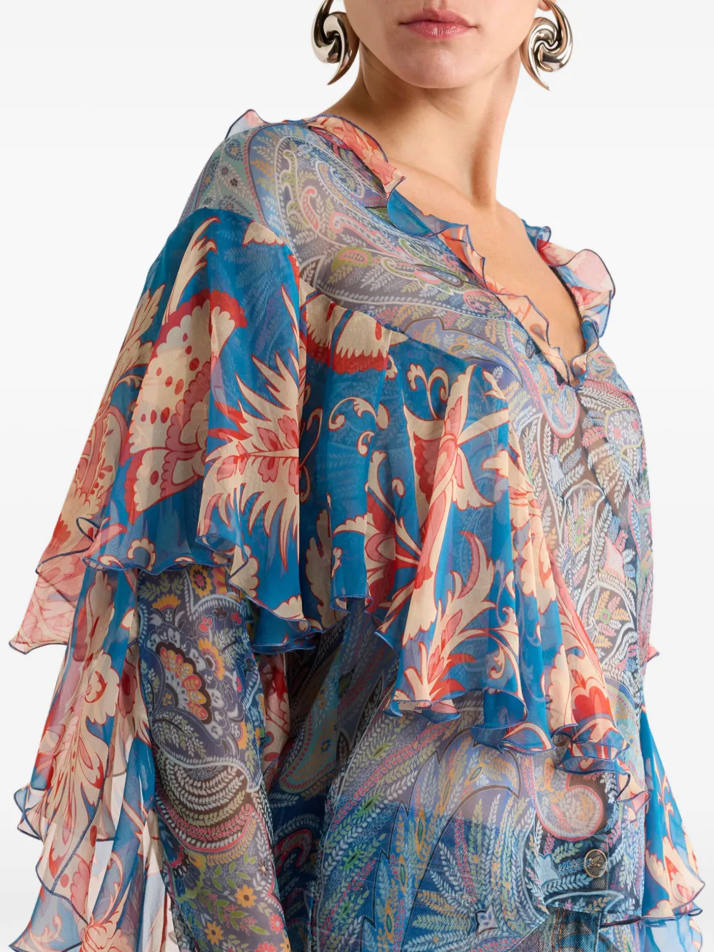 ETRO Zijden blouse met bloemen-print en ruches Blauw