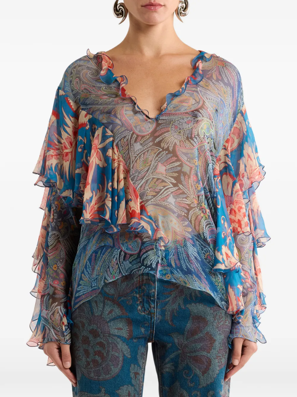 ETRO Zijden blouse met bloemen-print en ruches Blauw