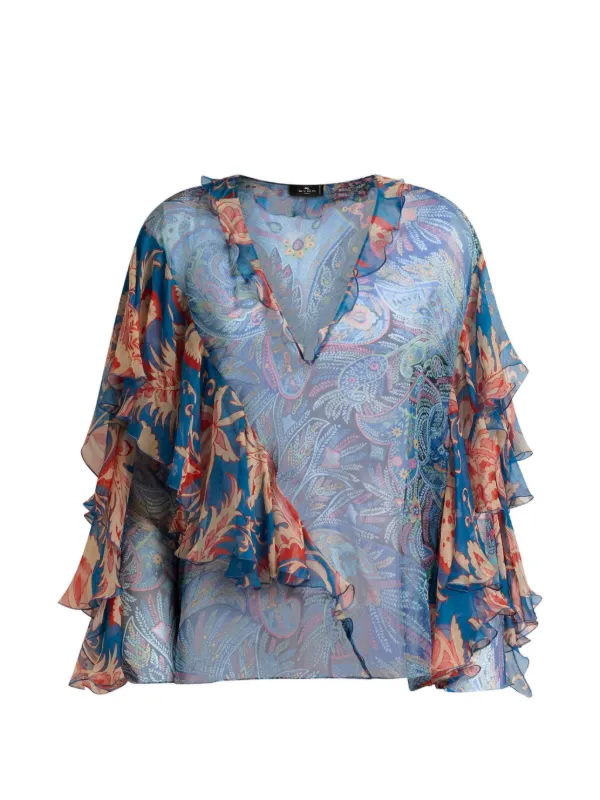 Etro Long-sleeved Silk Blouse with Ruffles Floral Motif in Blue