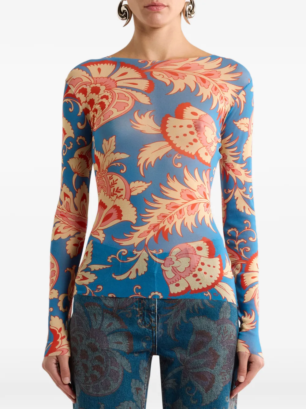 ETRO Top met bloemenpatroon en lange mouwen Blauw