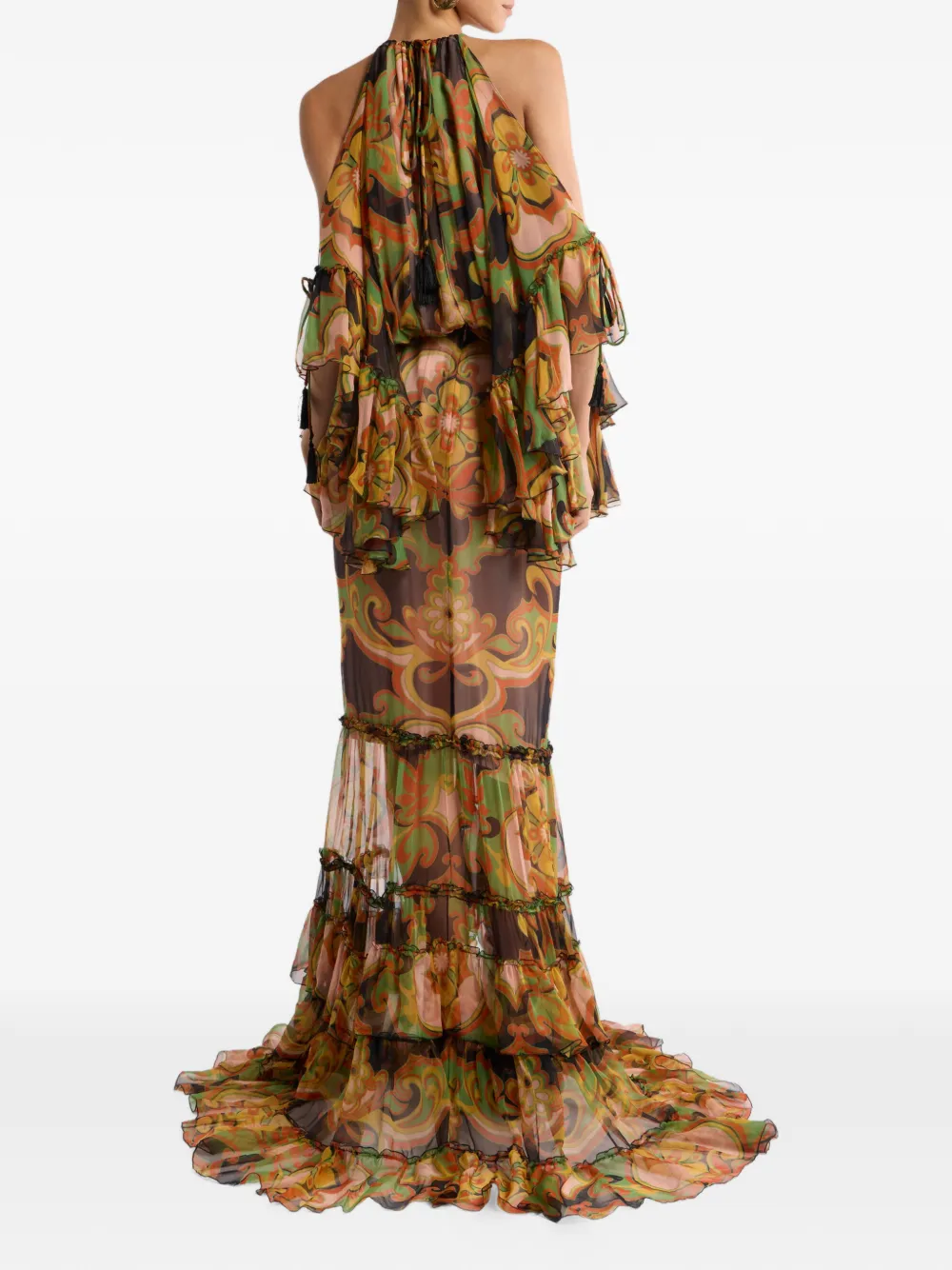 ETRO Zijden maxi-jurk met ruches en bloemen-print Bruin