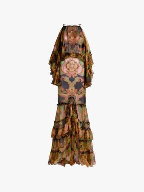 ETRO long silk dress with ruffles and placed floral print