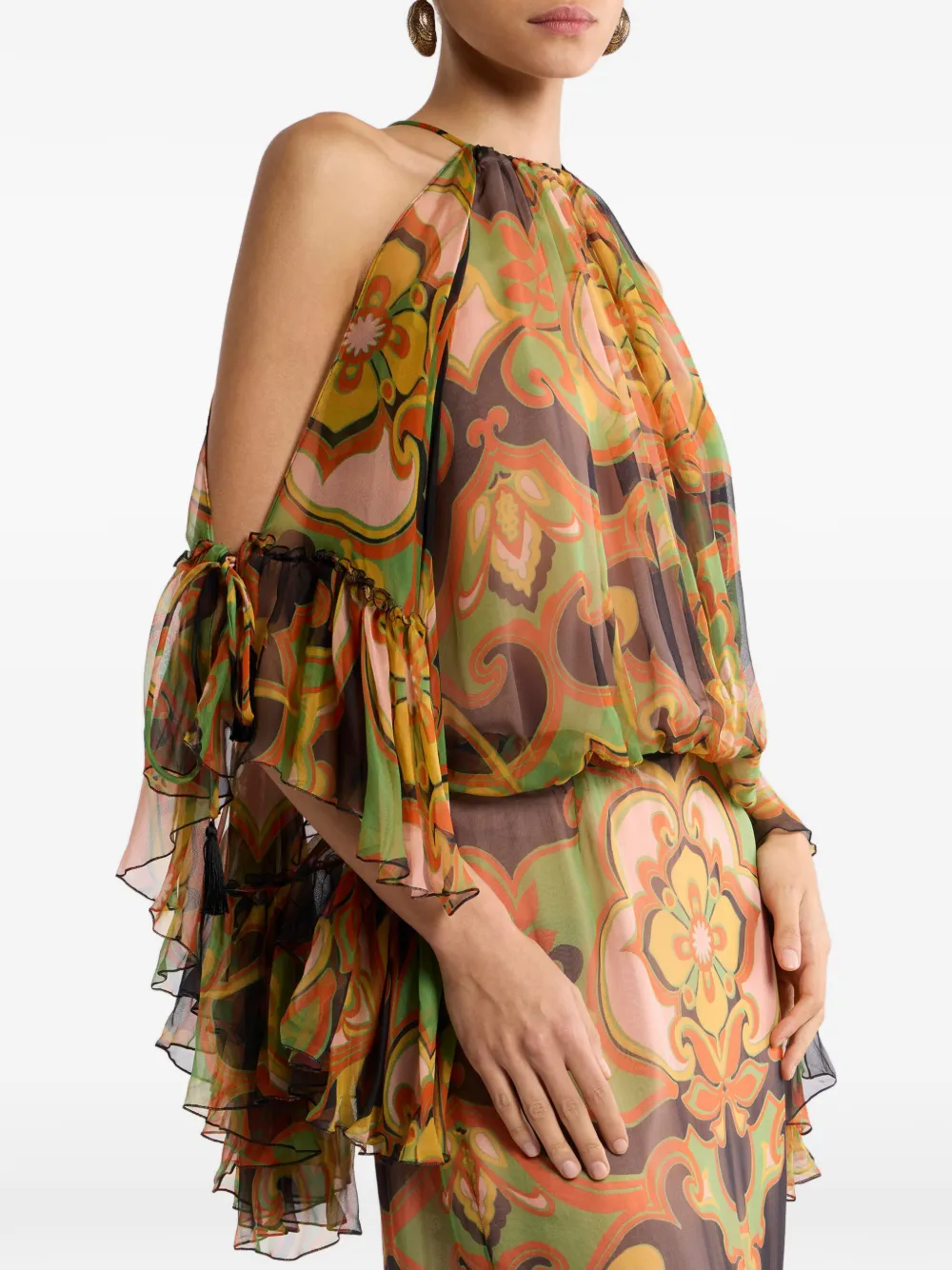 ETRO Zijden maxi-jurk met ruches en bloemen-print Bruin