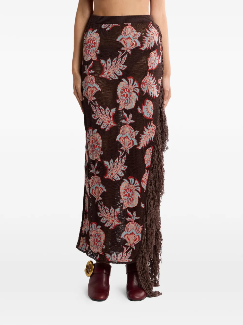 ETRO Maxi-rok van katoenblend met jacquard franje en bloemen-patroon Bruin