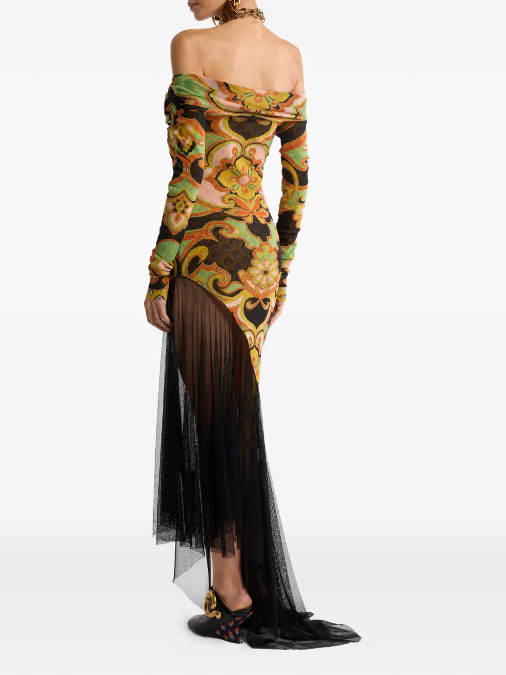 ETRO Asymmetrische tulen midi-jurk met bloemen-print Zwart