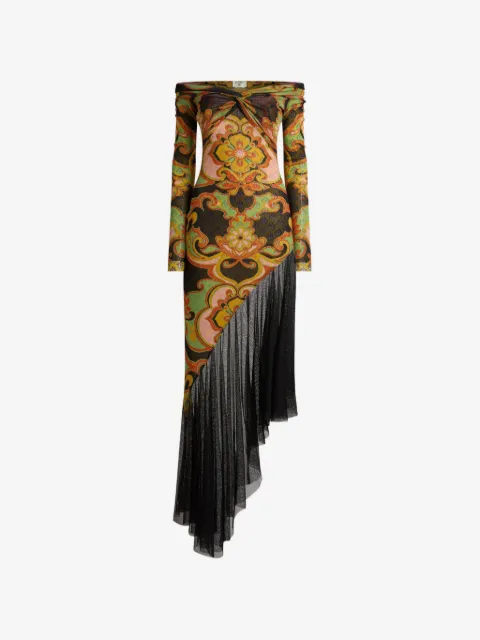 ETRO asymmetric tulle midi dress with placed floral print